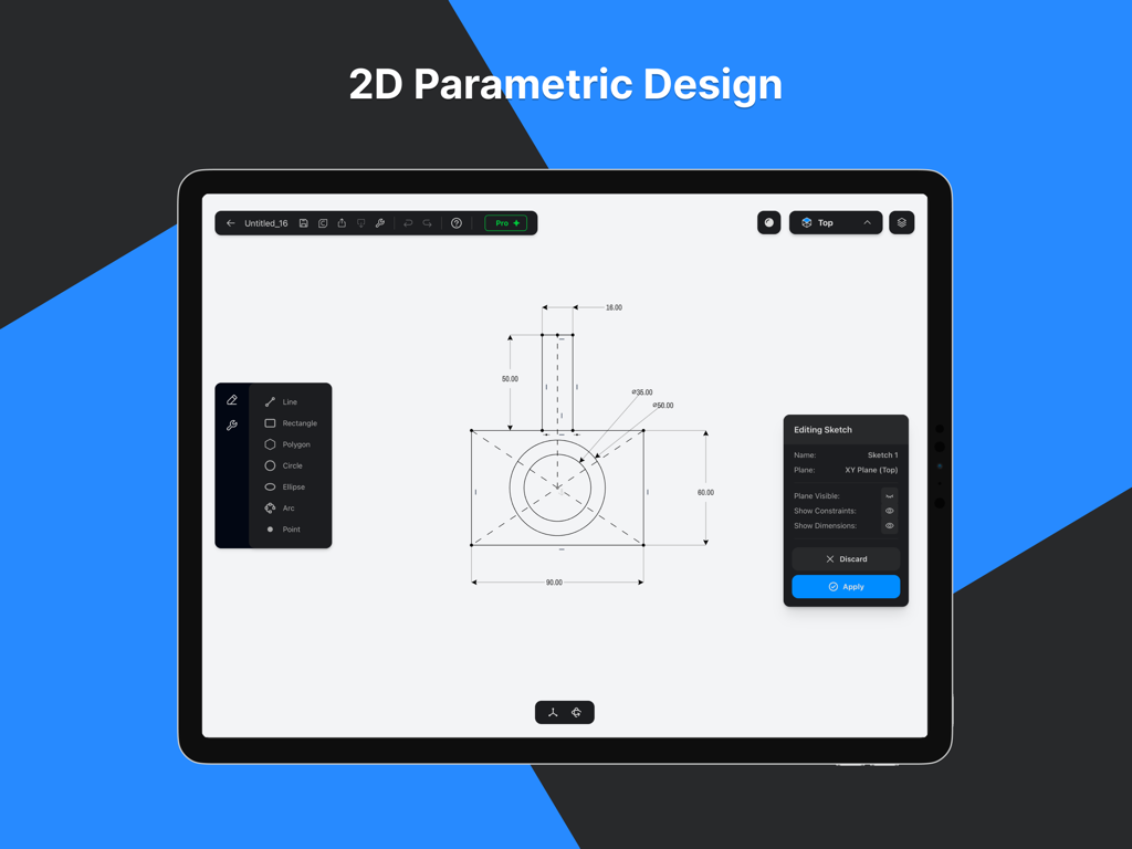 Part3D - Interface of the Part3D app for iPad showing a 2D parametric design with technical dimensions