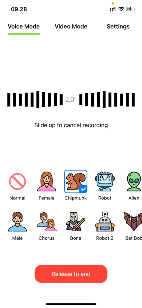 Interfaccia dell'app Cambia Voce che mostra la modalità di registrazione vocale con varie icone di effetti sonori come scoiattolo e robot