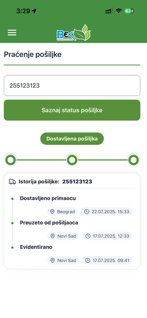 Bex Mobile - Bex Mobile app interface for tracking a shipment showing delivery history and status