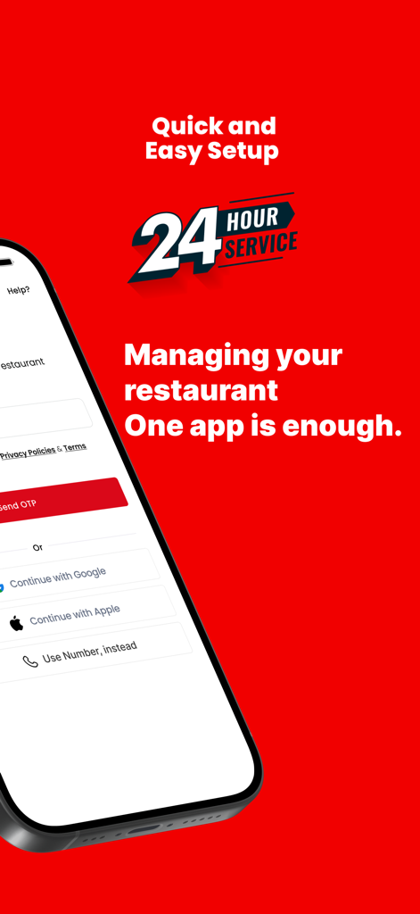 RestroX - Restaurant Software - RestroX restaurant management app login screen with quick and easy setup messaging on a red background
