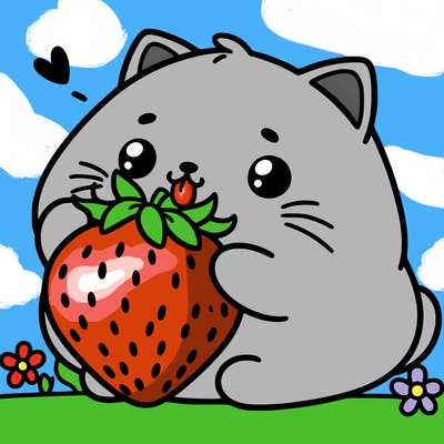 cute fat cat eating a strawberry
