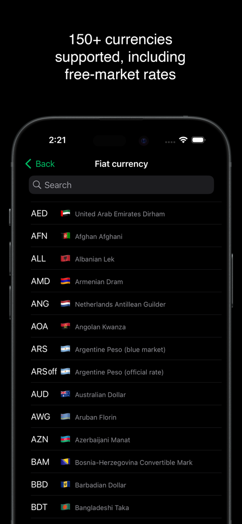 Phoenix Wallet - A list of over 150 supported fiat currencies with their flags and names in the Phoenix Wallet app