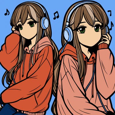 teenage girl with long hair and a baggy sweatshirt listening to music