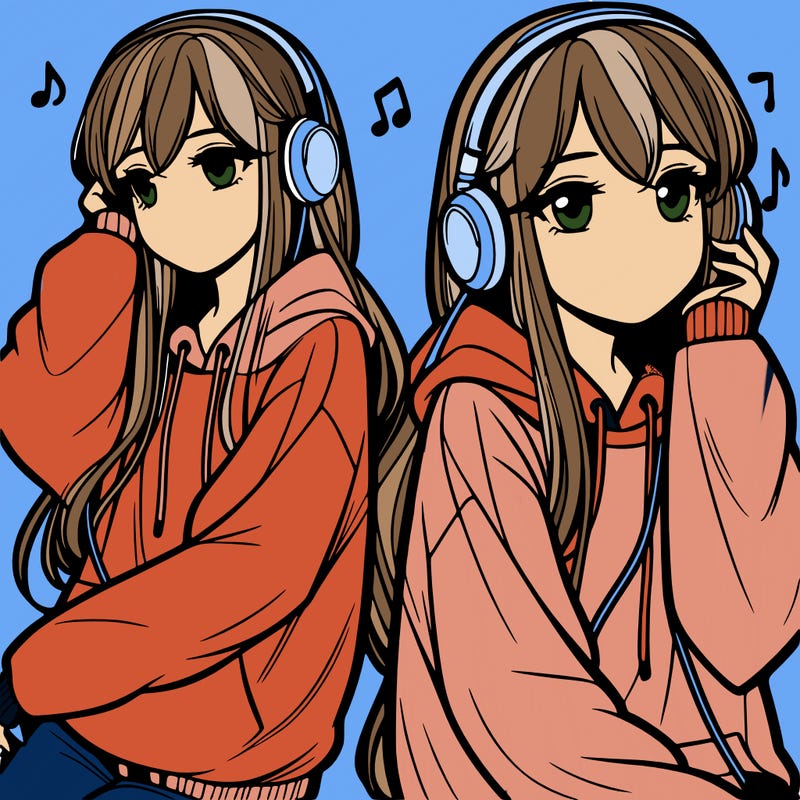 teenage girl with long hair and a baggy sweatshirt listening to music