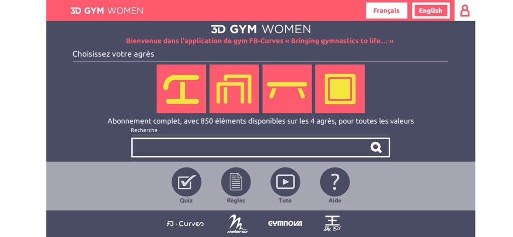 Home screen of the 3D Gym Women app showing apparatus selection icons and a search bar.