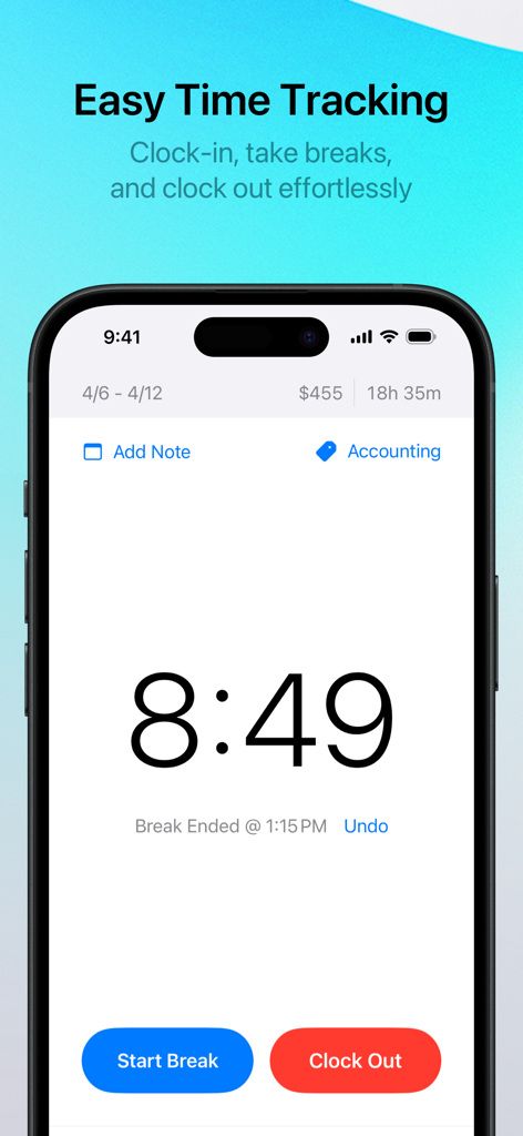 Punch Time Clock - Interfaz de la aplicación Reloj de Fichaje que muestra botones sencillos de seguimiento de tiempo para descansos y salida.