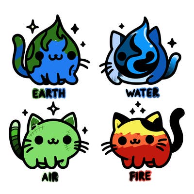 4 cats that represent the different elements, earth, water, air, and fire