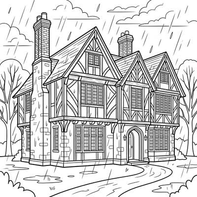 Immerse yourself in the classic charm of this Tudor mansion coloring page, beautifully depicted on a peaceful rainy day. Enjoy bringing intricate architectural details and atmospheric elements to life with your artistic touch.