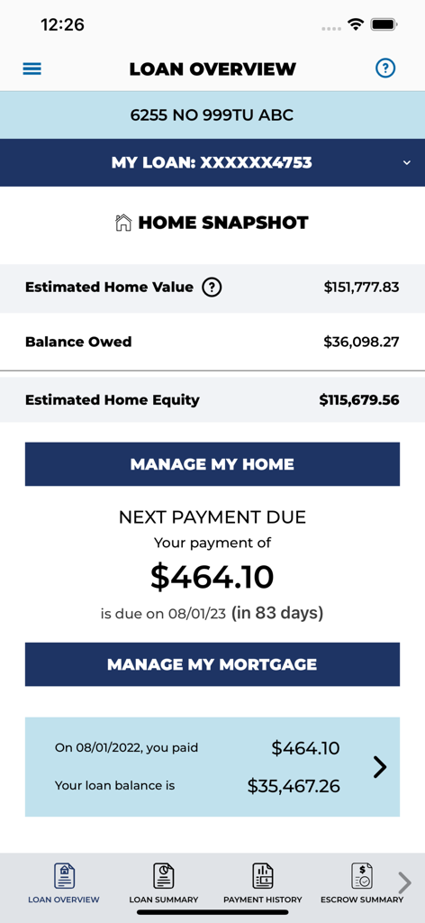 Carrington Mobile loan overview dashboard showing home equity and next mortgage payment details