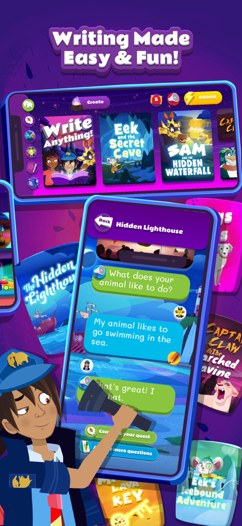 Night Zookeeper - Fun Learning - The Night Zookeeper app interface featuring interactive writing prompts and story adventures for kids.