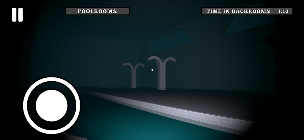 First person perspective of the dark Poolrooms level in the Backrooms 97 mobile game showing tiled architecture and a mysterious aquatic atmosphere.