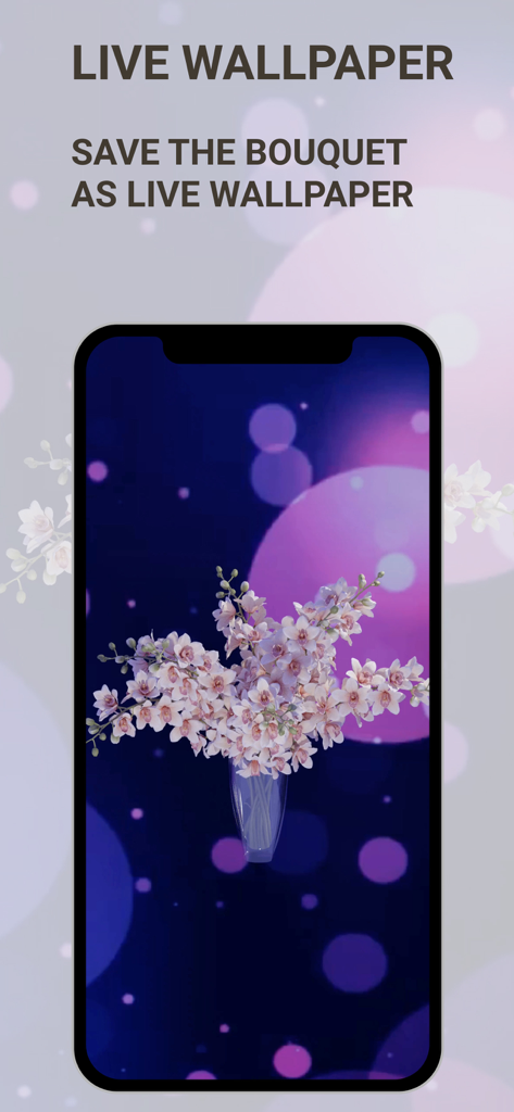 A smartphone screen displaying a 3D virtual flower bouquet as a live wallpaper