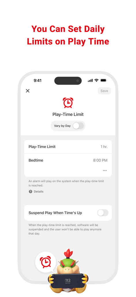 Nintendo Switch Parental Controls screen for setting daily play time and bedtime limits