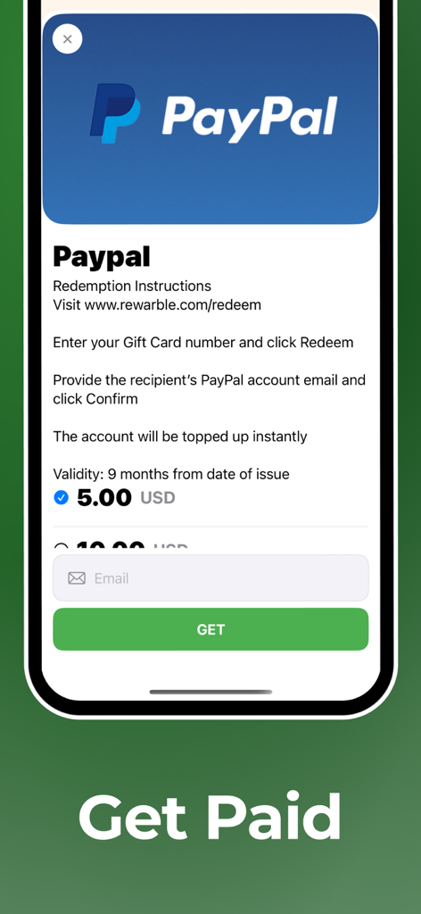 PayPal redemption screen showing a five dollar cash reward