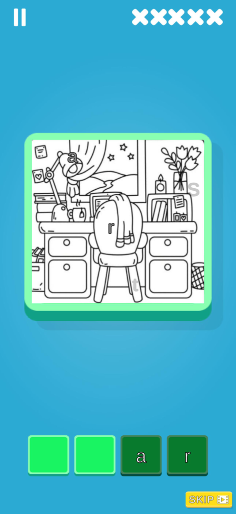 Un nivel de puzle de arte lineal en blanco y negro donde los jugadores buscan letras ocultas en una escena de escritorio