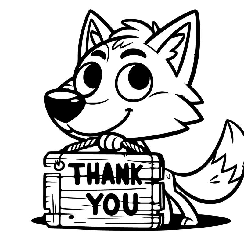 wolf with a sign saying “thank you”