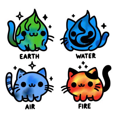 4 cats that represent the different elements, earth, water, air, and fire