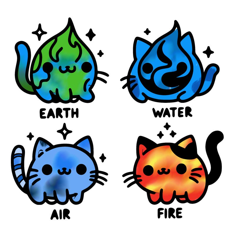 4 cats that represent the different elements, earth, water, air, and fire