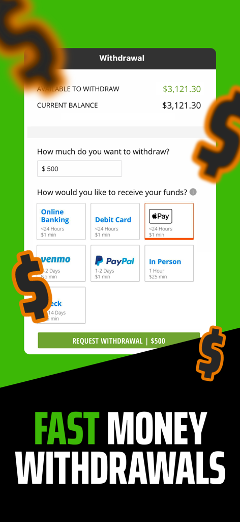 DraftKings Sportsbook withdrawal screen showing payment methods like Apple Pay and PayPal with the text fast money withdrawals.