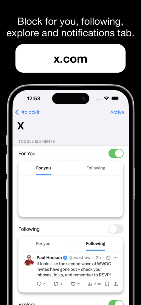 #blockit: Block distractions - #blockit app settings for X showing options to block the For You and Following feeds.