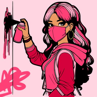 realistic girl with mask spray painting a wall