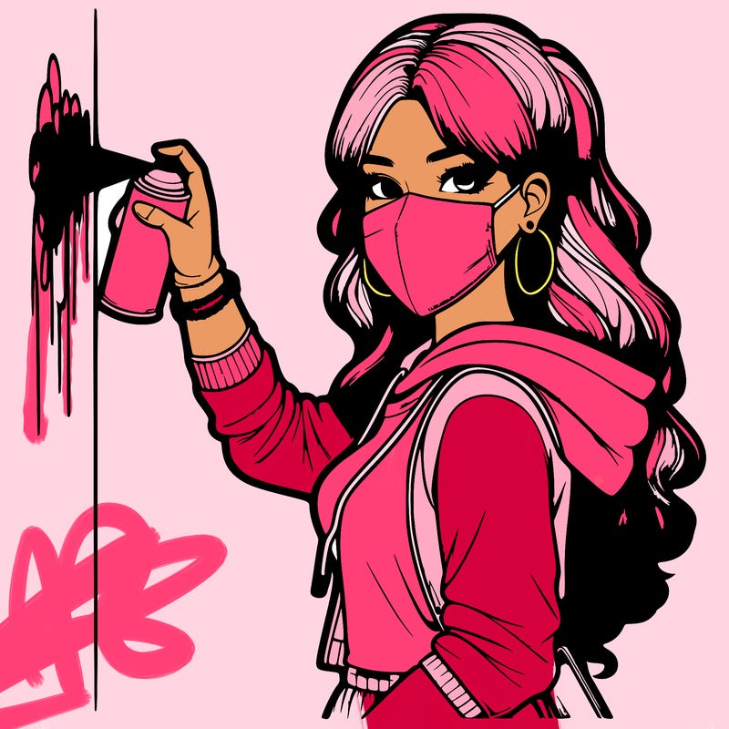 realistic girl with mask spray painting a wall