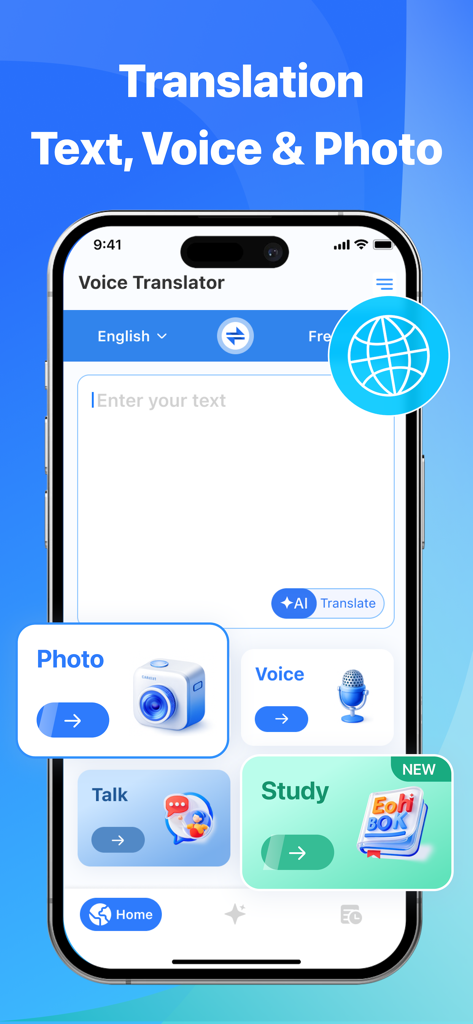 Voice Translator AI app interface showing text voice photo and study translation options