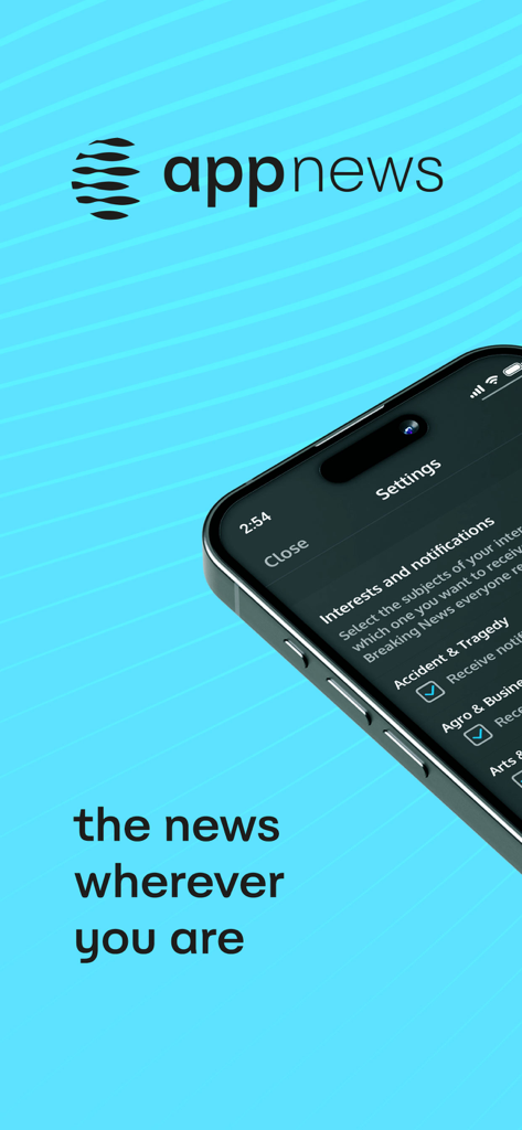 AppNews - Smartphone exibindo a tela de configurações do AppNews para selecionar categorias de interesse em notícias e notificações
