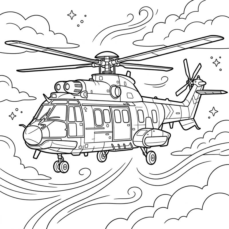 Embark on an airborne artistic journey with this incredibly detailed transport helicopter coloring page. Perfect for anyone fascinated by powerful aircraft and the joy of intricate coloring.