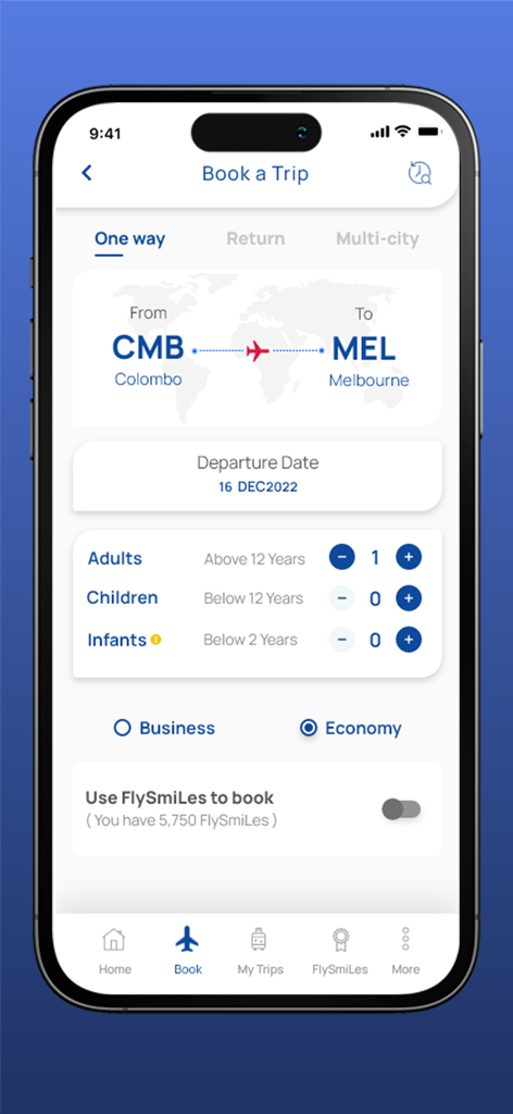 스리랑카 항공 항공편 예약 화면. 콜롬보에서 멜버른까지 편도 여행 옵션이 표시됩니다.