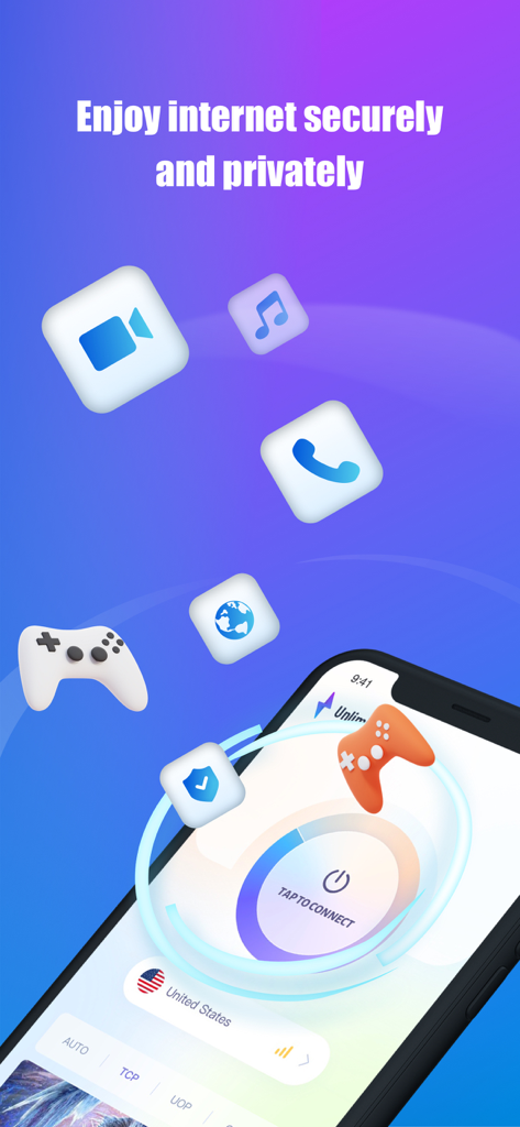 Interface de l'application VPN Super montrant le bouton de connexion par un clic avec des icônes de jeux et de streaming pour un accès Internet privé et sécurisé.