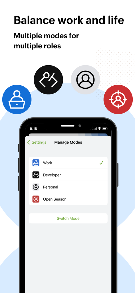 Smartphone screen showing Ulaa Browser settings for switching between Work and Personal modes