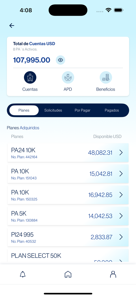 Smart+ Go - Smart Plus Go app dashboard showing total USD balance and a list of acquired financial plans