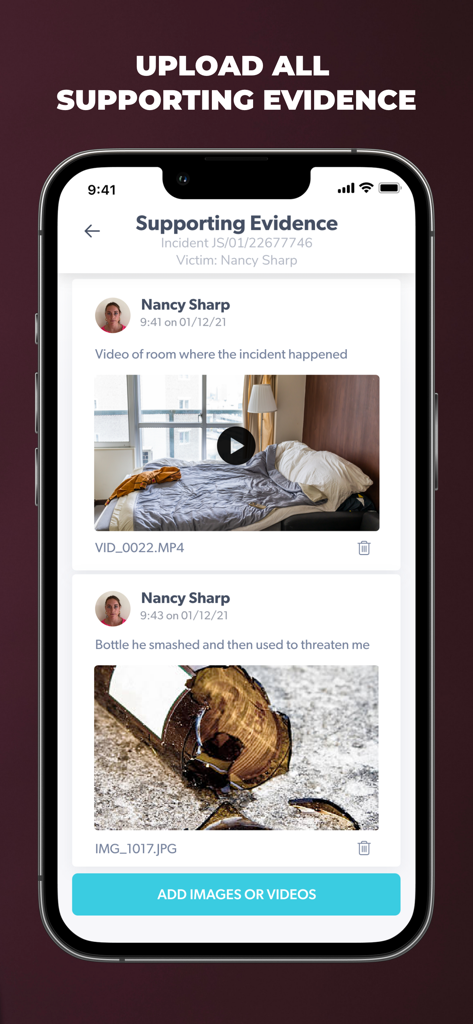 Injury Capture - A screenshot of the Injury Capture app showing the supporting evidence page with a photo of a broken bottle and a video of a room