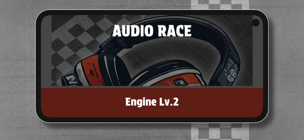 AudioRace - Captura de pantalla del juego AudioRace que muestra una mejora de nivel 2 del motor con un gráfico de auriculares.