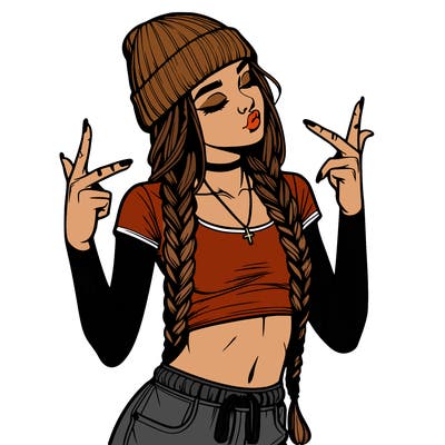 realistic teenage girl with braids and a beanie and crop top doing 🫶🏼