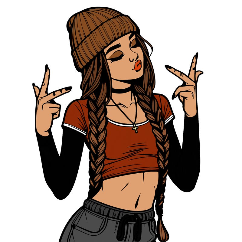 realistic teenage girl with braids and a beanie and crop top doing 🫶🏼
