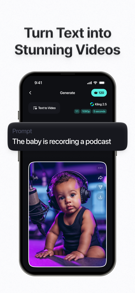 Doozy AI: Video Generator - Interfaz de la aplicación Doozy AI que muestra la función de texto a vídeo con una indicación sobre un bebé grabando un podcast