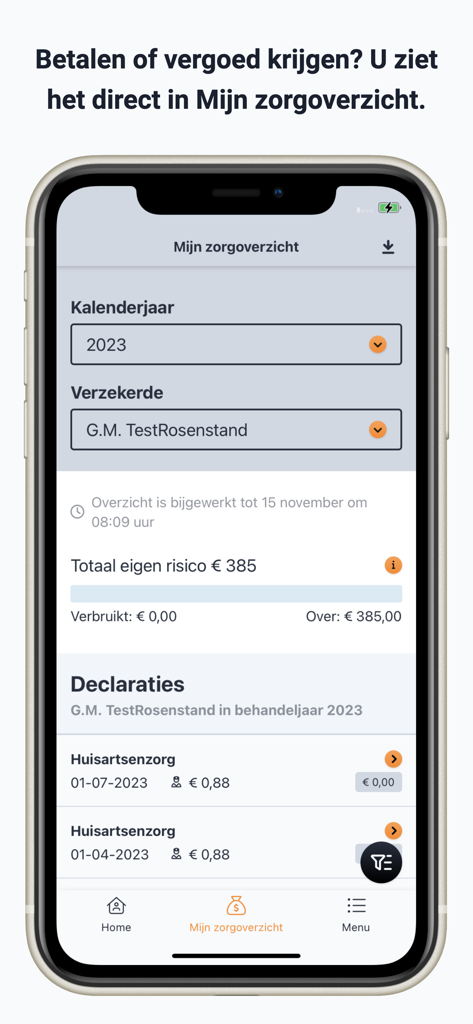 VvAA health insurance app displaying a claims overview with deductible status and reimbursement history for medical professionals
