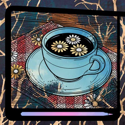 cup of tea with 3 flowers in it on a plate on a flower place mat on a table