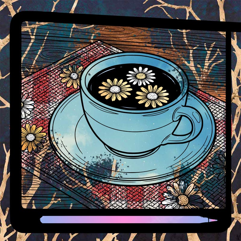 cup of tea with 3 flowers in it on a plate on a flower place mat on a table