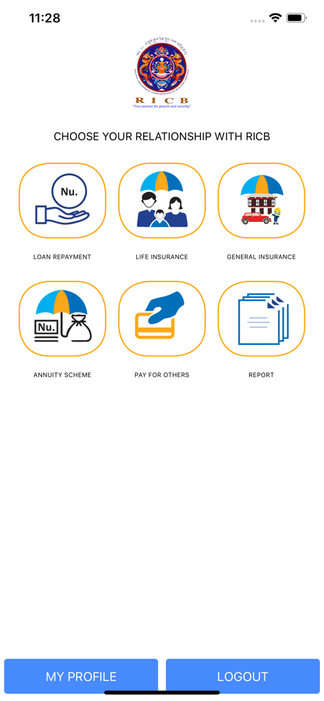 Main menu of the MyRICB app showing icons for loan repayment life insurance and annuity schemes