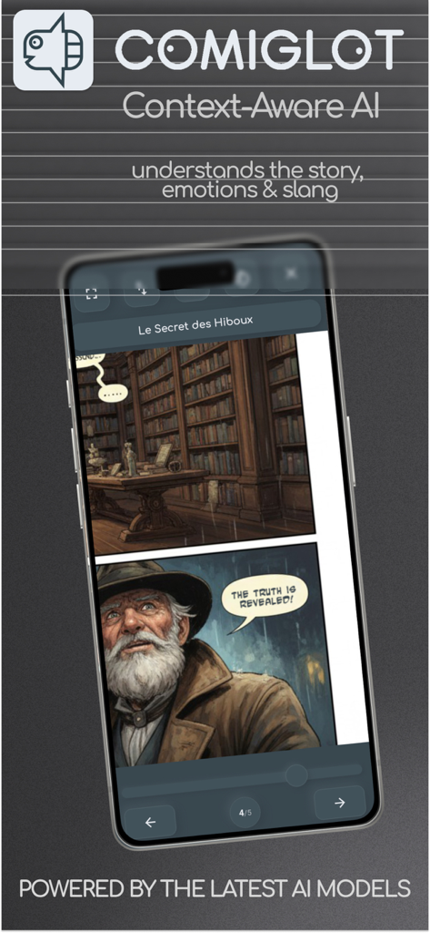 AI Comic Translator: Comiglot - Comiglot app interface showing context-aware AI comic translation on a smartphone.