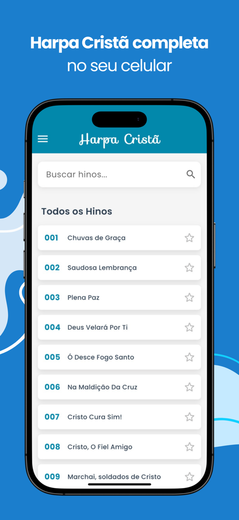 Harpa Cristã: Áudio e Playback - Interface principal do aplicativo Harpa Crista mostrando uma lista de hinos numerados com uma barra de pesquisa.