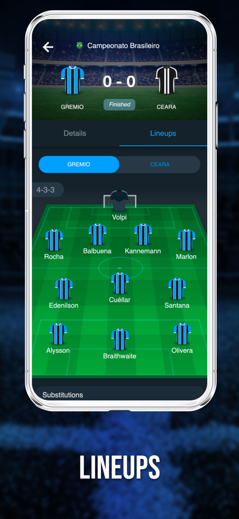 Uma tela de aplicativo móvel mostrando a escalação e a formação da equipe de futebol para um jogo da liga brasileira