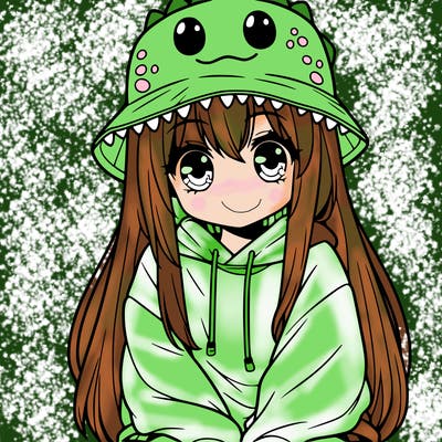 girl with anime shaped eyes with a dinosaur bucket hat oversized sweatshirt long straight hair