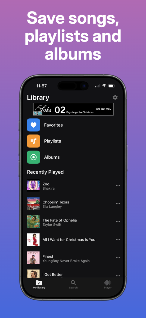 Trending Music Player - Trending Music Player library interface showing favorites playlists and recently played songs