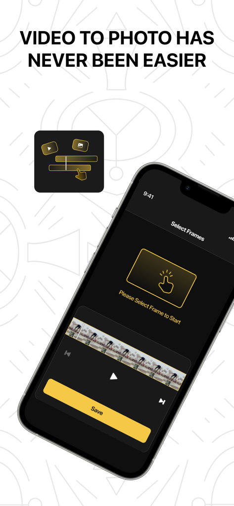 iPhone-Oberfläche der Frame Grabber App, die eine Videosequenz zur einfachen Fotoextraktion anzeigt.