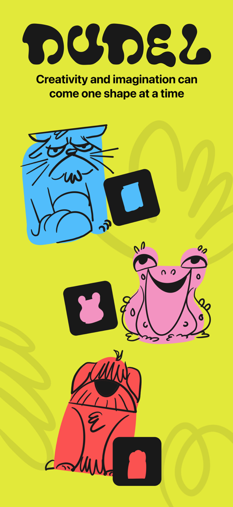 Dudel Draw - Dudel Draw app screen featuring three colorful character illustrations created from abstract daily shapes on a lime green background.