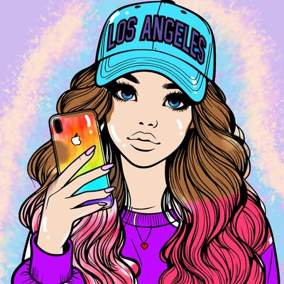 realistic beautiful girl wearing los ángeles cap holding an iphone